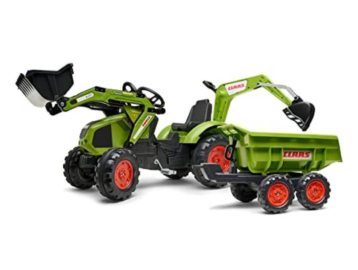 Falk – 1010W – Fahrrad und Fahrzeug für Kinder – Traktor Claas Axos + Schaufel + Bagger + Anhänger Maxi GM