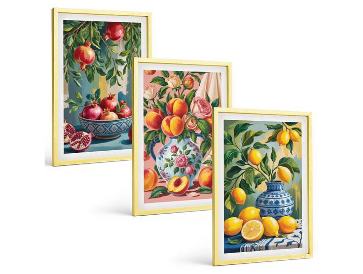 Tulup Bilder SET 3er Set - 40x60 cm Goldrahmen - Fruchtzusammensetzung von Granatäpfeln, Goldfarben, Kunststoff, Rechteckig, 40x60 cm, einfache und schnelle Anbringung, Bilder & Rahmen, Bilder