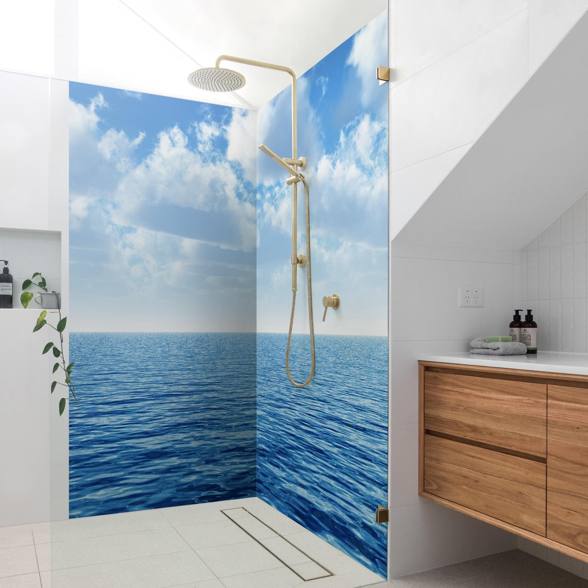 Duschrückwand Strand selbstklebend - 0.61 mm Wandpaneel wasserfest Meerblick blau Maritim Badrückwand fugenlos Premium matt 100x200 cm