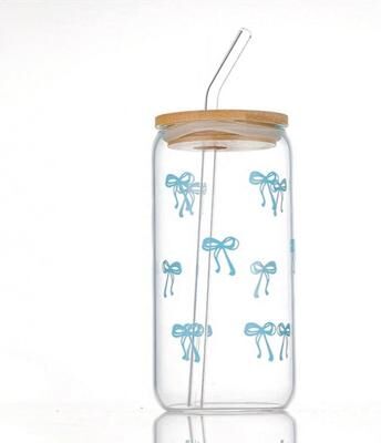 Perfect Picks Market Cute Bow Glass Cup With Lid And Straw Aesthetic Iced Coffee Tumbler blue