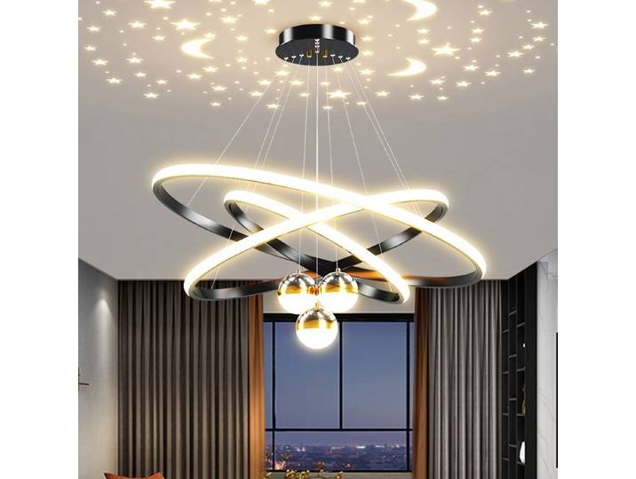 Salon moderne anneau lustre avec lune étoiles créatif noir/or anneau cercle LED lustre lumière pour chambre salle à manger