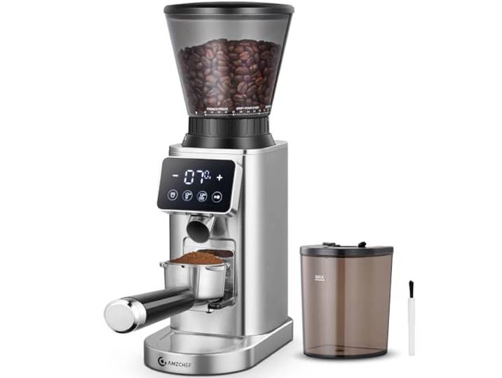 AMZCHEF Kaffeemühle Elektrisch mit 48 Mahlgraden, Edelstahl-Kegelmahlwerk 300g Bohnenbehälter, Antistatik-System und Speicherfunktion. Geeignet für Espresso, Mokka, French Press und Filterkaffee.