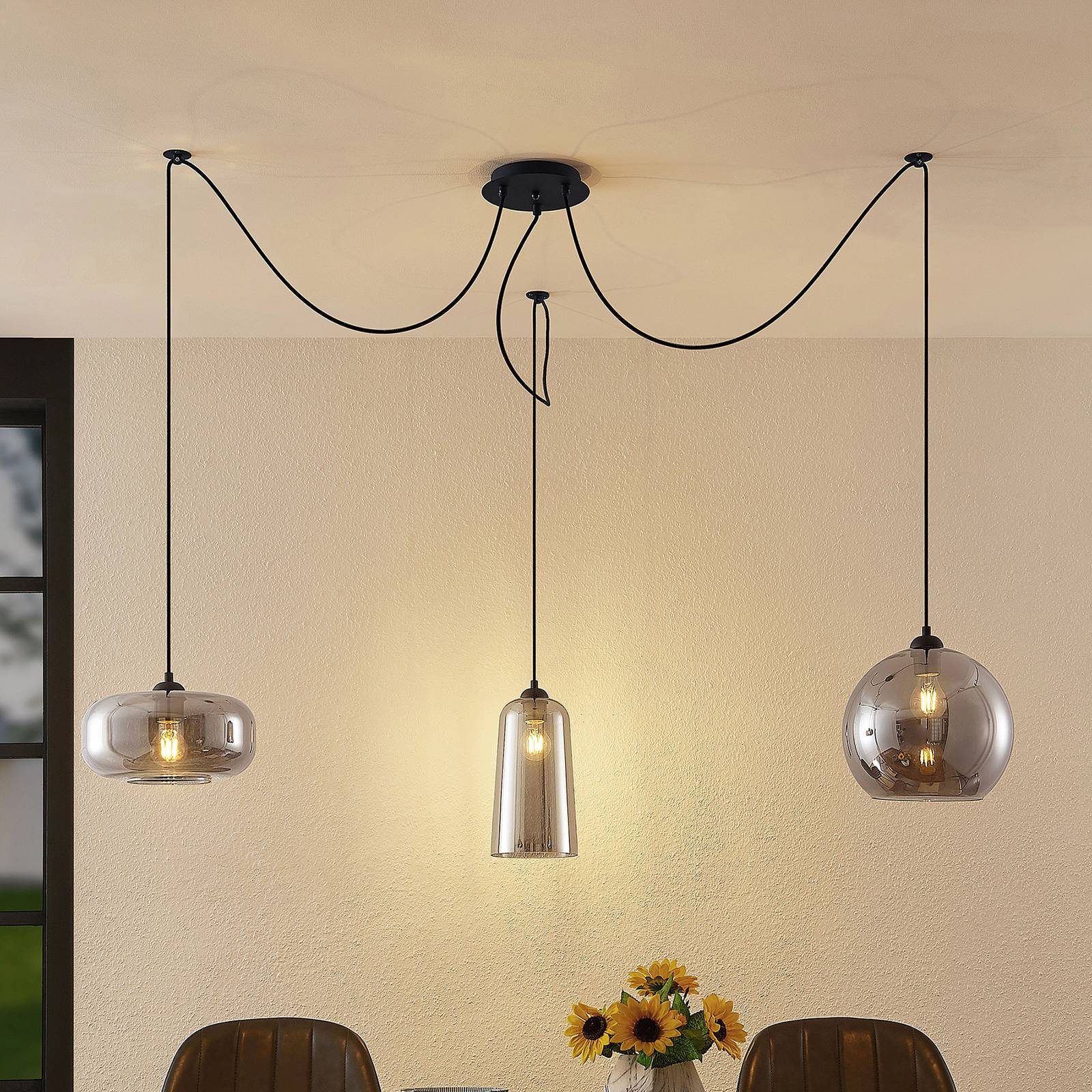 Glas Hängelampe Zyli Lucande, dimmbar, alu / grau / zink, für Wohn- / Esszimmer, Glas, Vintage, Pendelleuchte