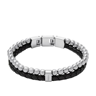 Armband FOSSIL "Schmuck Geschenk Edelstahl Leder Armschmuck JEWELRY", schwarz (edelstahlfarben, schwarz), Armbänder, Damen, 21,5cm, Edelstahl Leder, Edelstahl, Leder, Armband