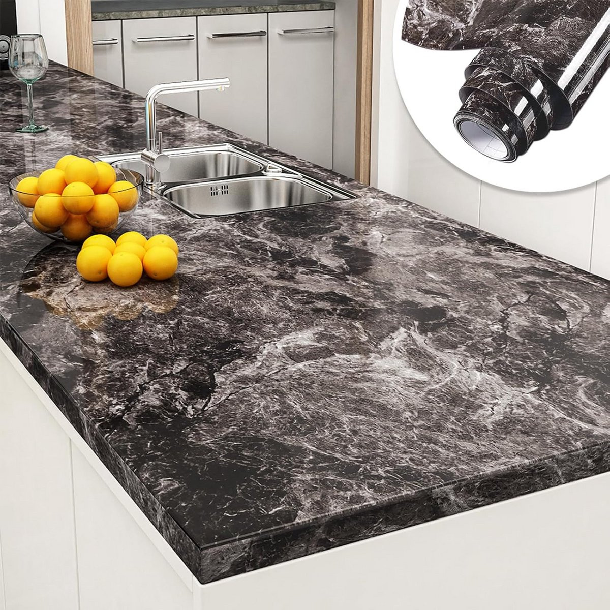 Zelfklevende Marmerfolie Zandsteen Look Zwart Bruin, Breedte: 60 cm, Lengte: 1000 cm - Vinylfolie voor Meubels en Werkbladen