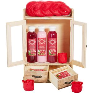 BRUBAKER Geschenkset Cosmetics Cranberry, Bade- und Dusch-Set im Holzschränkchen, 10-teilig