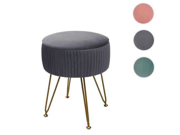 Pouf HWC-K47 Ø 33cm aspect velours gris clairs piètement or
