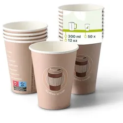 Green Box Pappbecher mit Coffeebreak Aufdruck 50 Stück 300 ml / 12 oz, Ø 80 mm, weiß - Take away Becher - Pappe PE beschichtet - Einwegbecher für