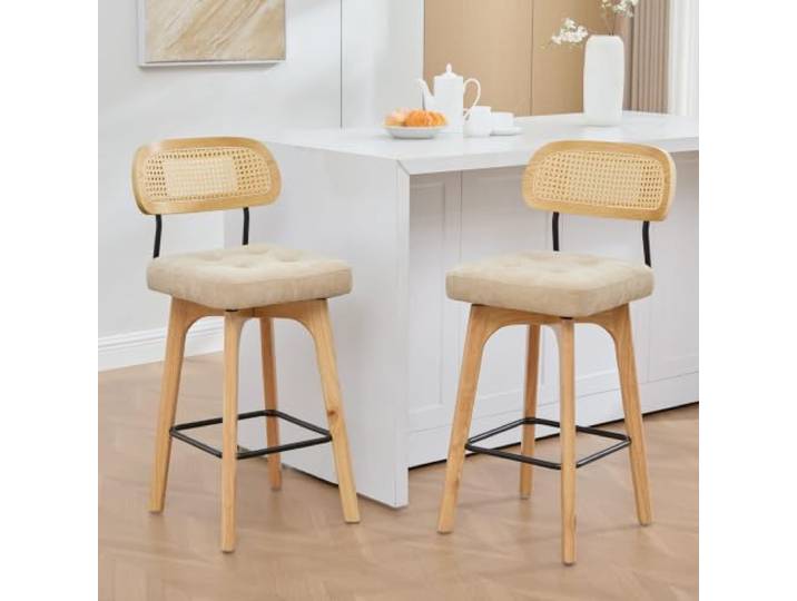 Bellemave Barhocker 2er Set 360° drehbar mit Rückenlehne gepolsterte khaki Barhocker Küche, Barstuhl mit Rattan-Rückenlehne & Chenille-Sitz, Mid-Century Barhocker für Kücheninsel