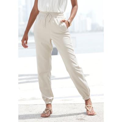 Schlupfhose LASCANA "aus sommerlicher Webware in lockerer Passform", Damen, Gr. 34, N-Gr, beige (sand), Web, Obermaterial: 65% Lyocell, 35% Baumwolle, unifarben, figurumspielend, Hosen Schlupfhose, aus Webware, leichte Stoffhose mit Taschen, Sommerhose