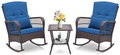 Costway 3 Pieces Rocking Bistro Set with 2-Tier Coffee Table-Navy