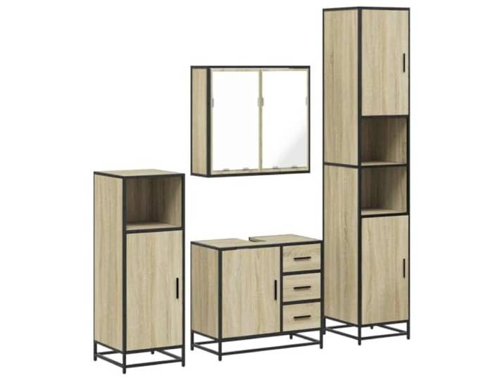 POUFGDR Badezimmermöbel-Set, 4-teilig, Sonoma-Eiche Wandschrank, Metallrahmen, Holzwerkstoff, Oberseite mit Loch für Spüle, Wandmontage