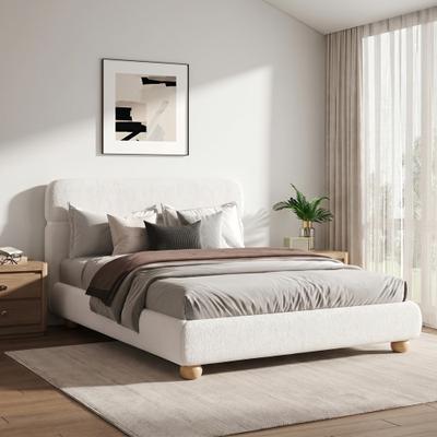 Contemporary Low Profile Upholstered Bed with Teddy Fleece Fabric and Solid Round Legs Stylish Curve-Shaped Design