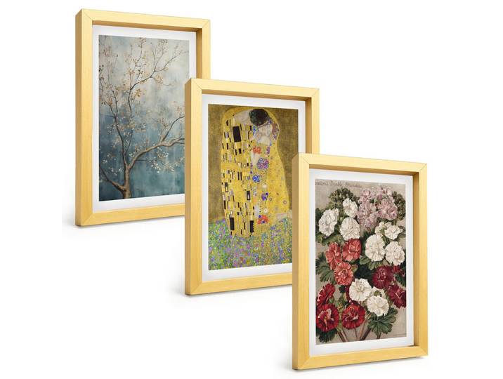 Tulup Bilder SET 3er Set - 20x30 cm Goldrahmen - Blumen des Baumes (Gemälde von Klimt), Goldfarben, Kunststoff, Rechteckig, 20x30 cm, einfache und schnelle Anbringung, Bilder & Rahmen, Bilder