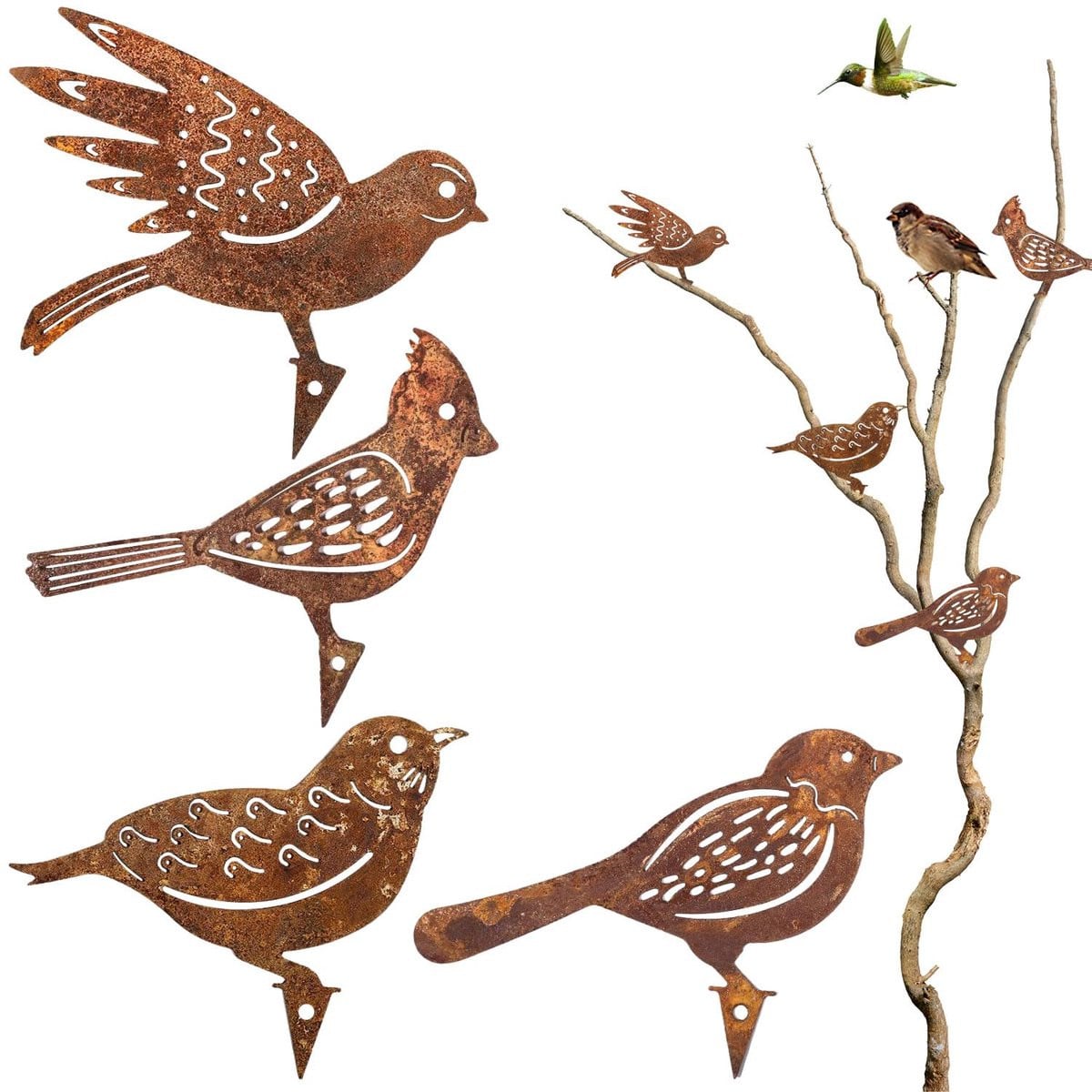 Ibenzoa Vijf Roestige Vogeldecoraties voor een Unieke Tuinstijl - Vintage Metalen Vogels voor Buiten en Patio