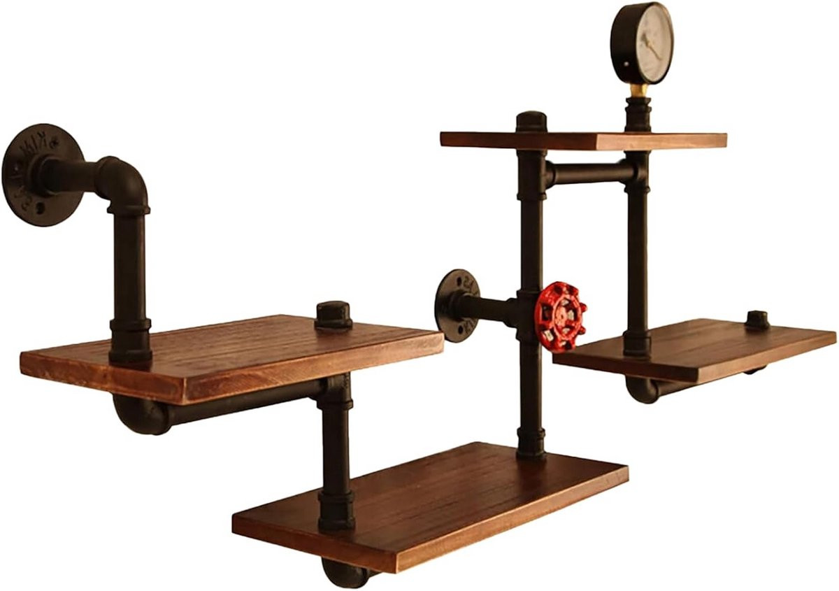 Industriële Wandplank met 4 Houten Vlonders en Vintage Buisframe