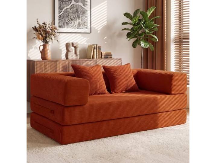 Vipbear Schlafsofa 160cm Breit,Boneless Couch mit Schlaffunktion 2 Sitzer 5-in-1 Umwandelbar Boneless sofa, Bodensofa Schlafcouch,Cloud Modulares Sofa Bed für Wohnzimmer Schlafzimmer Lounge,Orange