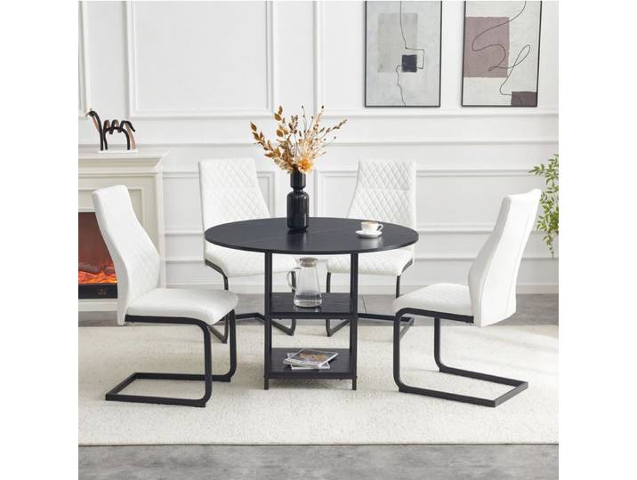 COVREO Ensemble table et 4 chaises table ronde 107 cm rangement 2 niveaux MDF métal noir blanc