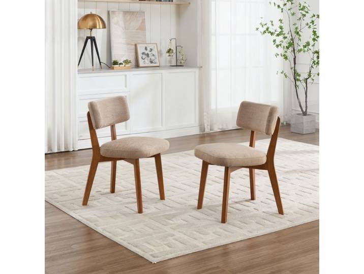 Lot de 2 Chaises de Salle à Manger - URTR - Revêtement Lin - Pieds Bois Massif - Assise Rembourrée - Kaki