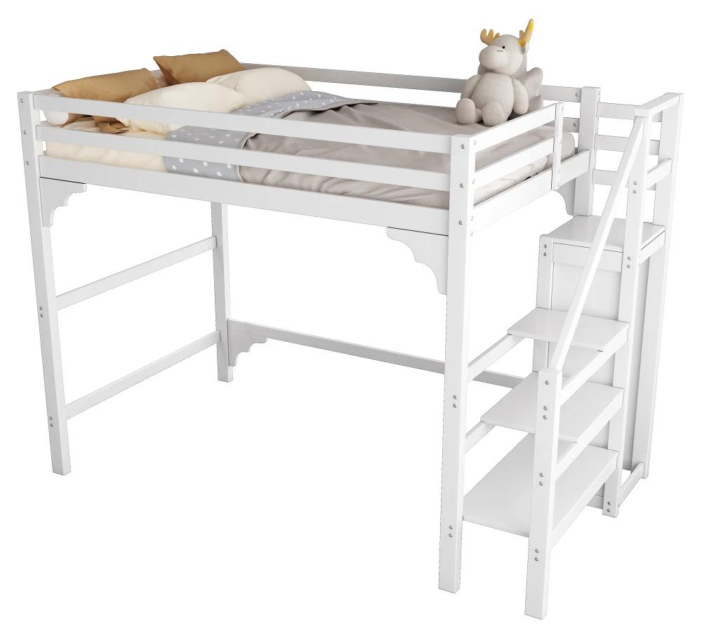 Hochbett mit Gitter - Kinderbett - 140 x 200 cm - Treppe - Kiefer - Weiß
