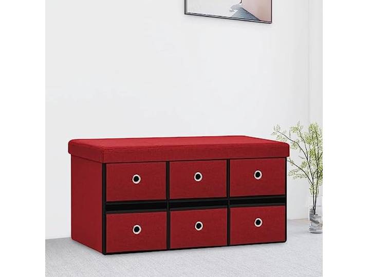 VIHHQGC Faltbare Sitzbank mit Stauraum Weinrot 76x38x38 cm Leinenoptik 6 Schubladen, MDF-Gestell, Schaumstoffpolster, Leinenimitat-Bezug, platzsparend faltbar