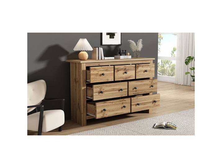 ROVRYN Buffet bas 152 cm 7 tiroirs coloris bois en panneaux de particules