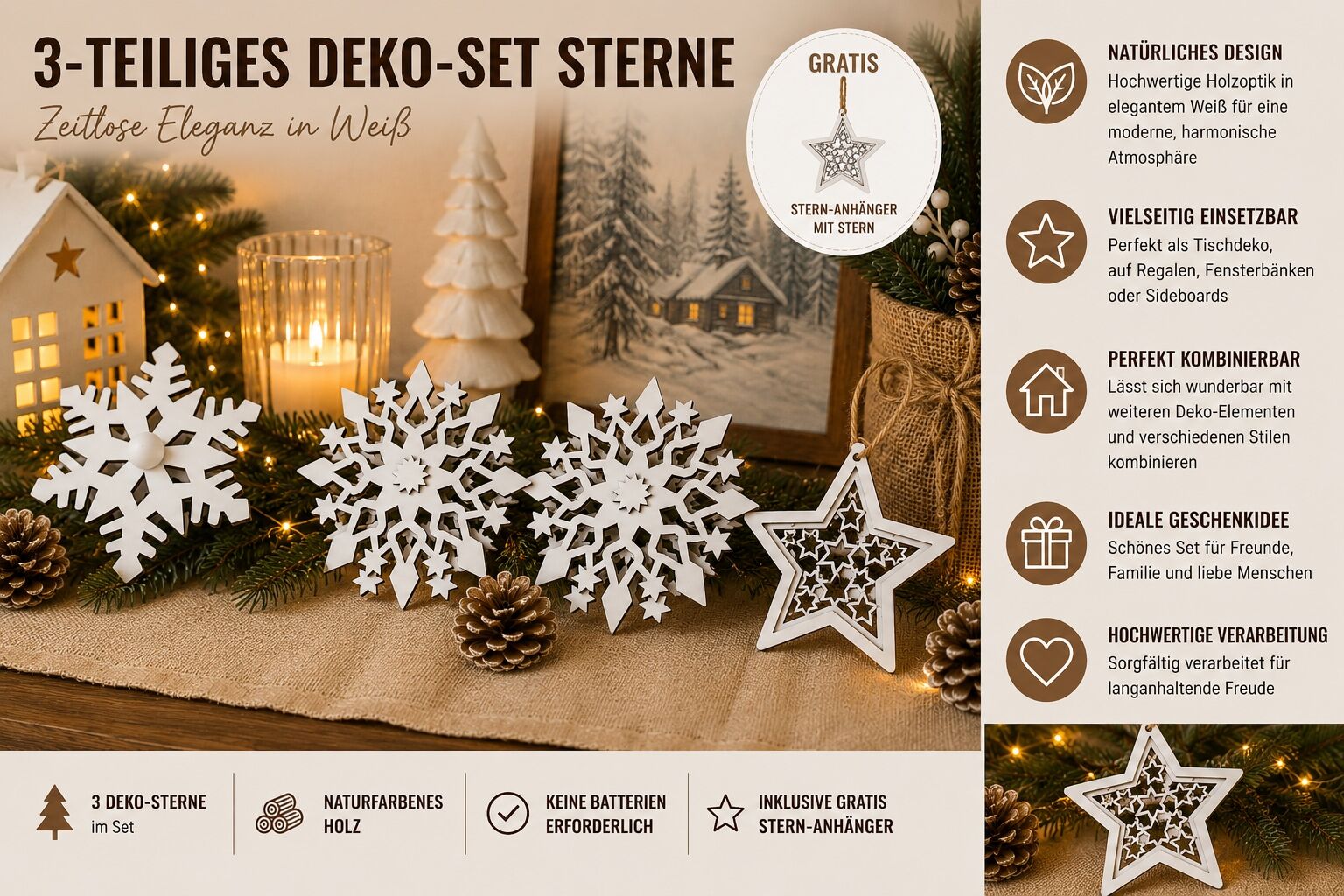 Dekoobjekt OTTO HOME "Schneeflocken Holzdekoration, 3-teiliges Set Farbe weiß", weiß, B:8cm H:8cm T:3cm, Holzwerkstoff, Dekofiguren, Dekoobjekt, Gratis-Hänger, winterlich