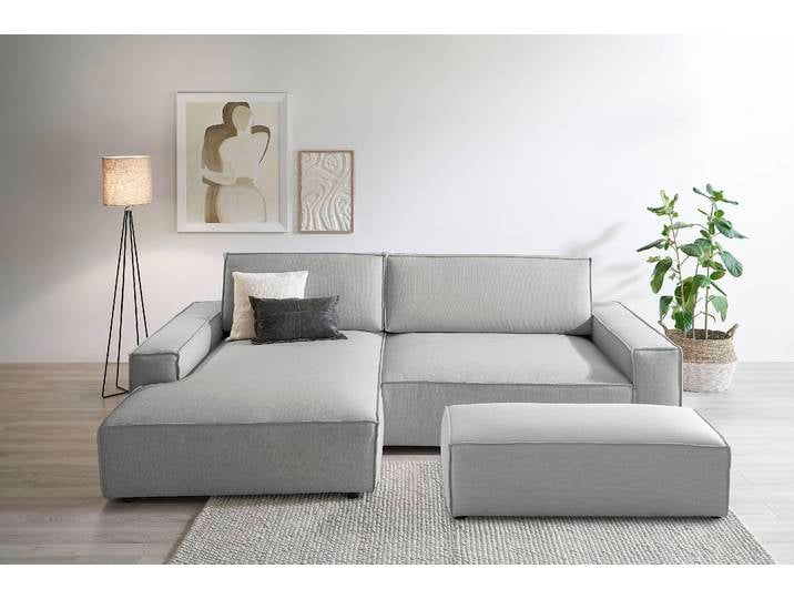 Polsterecke, 100% Polyester, Silbergrau, 284×135 cm, L-Form mit Schlaffunktion, Landhaus, Home-affaire