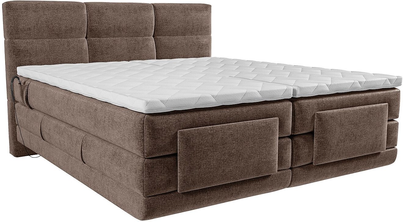 Vente-unique Boxspringbett mit gestepptem Kopfteil + elektrischem Untergestell mit Relaxfunktion + Matratze + Topper - 2 x 90 x 200 cm - Stoff - Braun - LODI von PALACIO