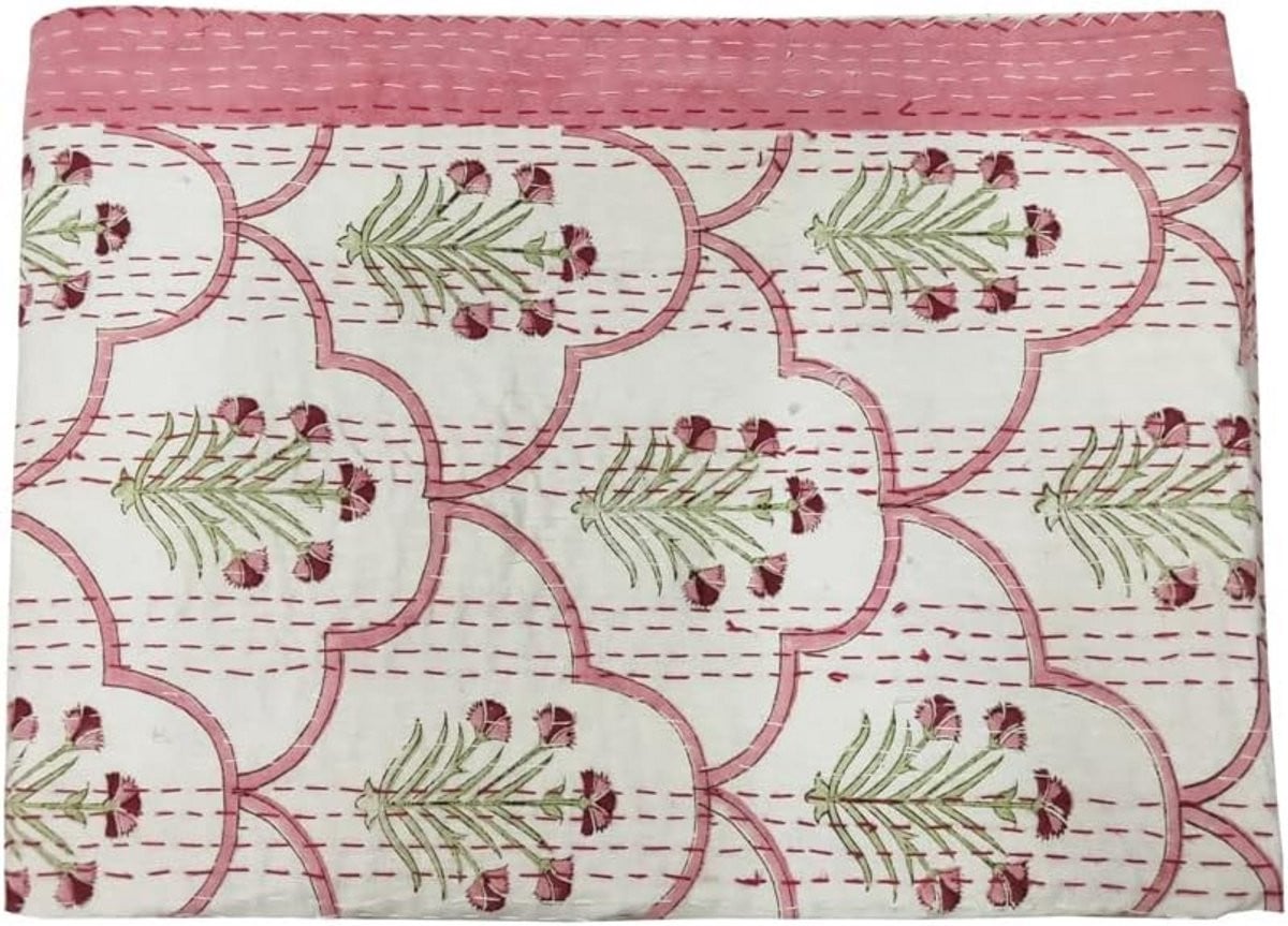 Handgemaakte Indiase Kantha Quilt van Katoen - Roze