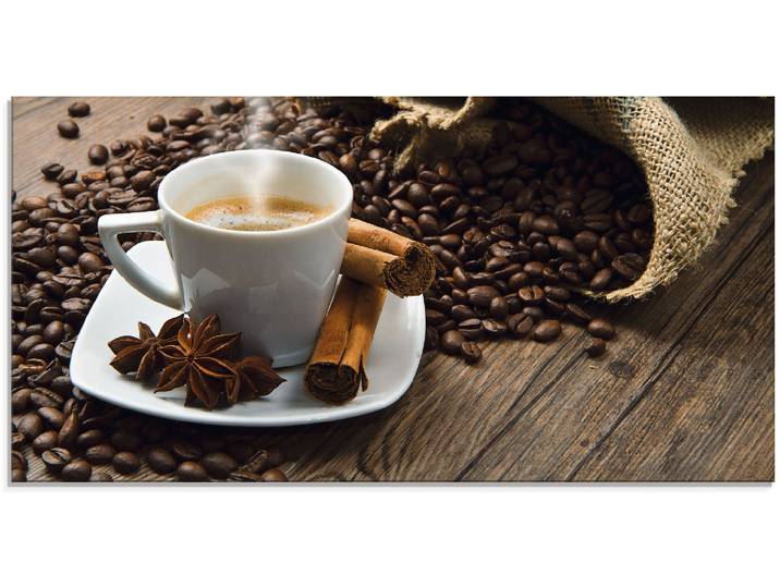 Glasbild ARTLAND Kaffeetasse Leinensack mit Kaffeebohnen , braun (farbe bild(er): braun), B:60cm H:30cm, Bilder, Glasbild, in verschiedenen Grössen