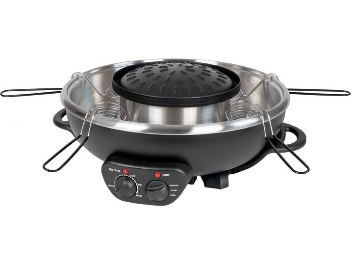 UNOLD Fondue Asia Hot Pot , schwarz, B:45cm H:25cm T:40cm Ø:45cm, Fondues, Genoppte Antihaft-Grillplatte, inklusive 4 Fondue-Körbchen, Fondue
