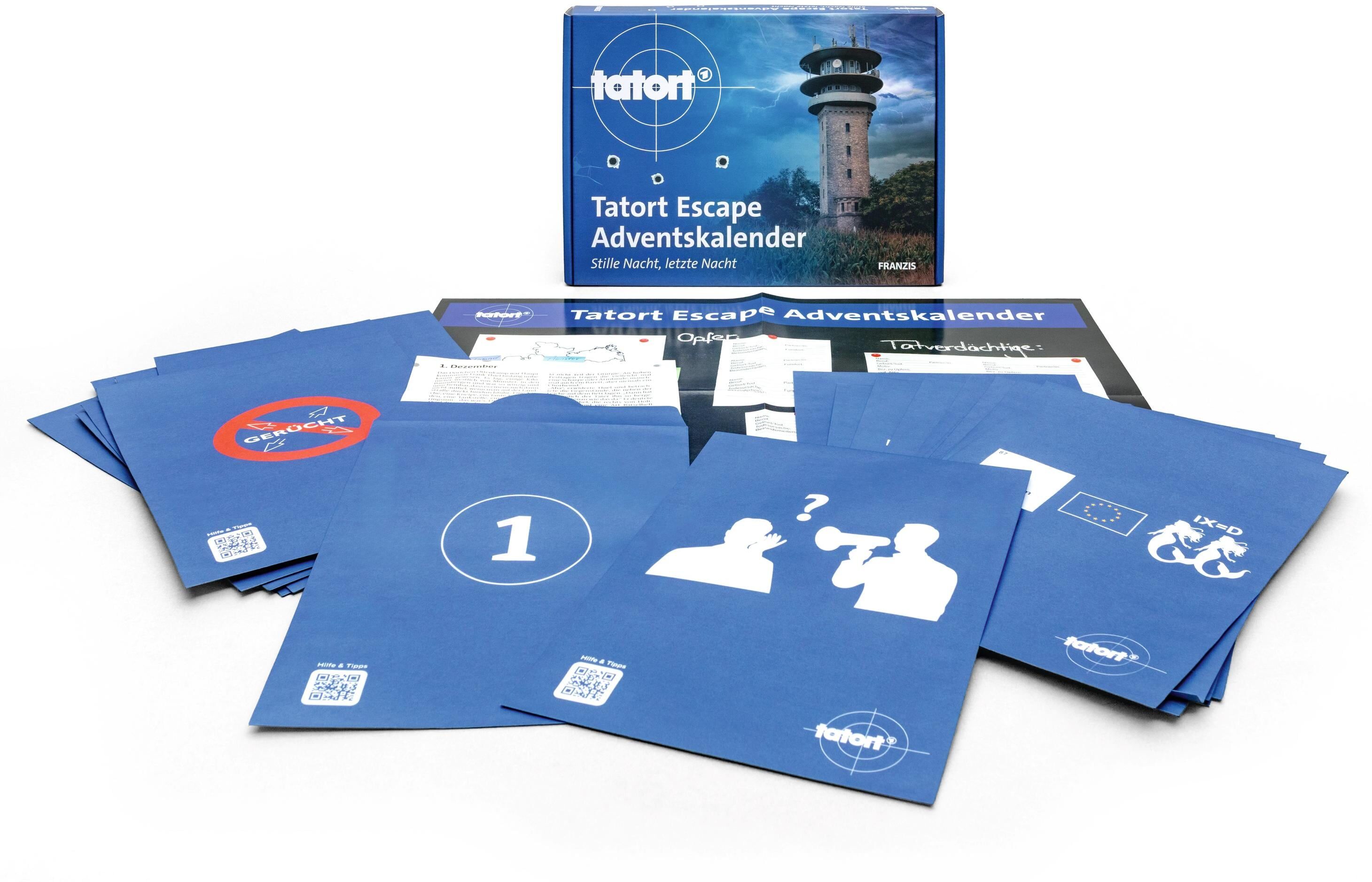 Adventskalender FRANZIS "Tatort Escape Stille Nacht, letzte Nacht", blau (bunt), Adventskalender, Adventskalender bunt Einheitsgröße