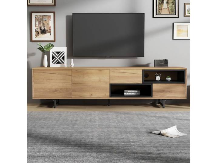 Meuble TV - SENVIRO rangement portes niches ouvertes tiroirs diagonaux design 173x38x48cm bois