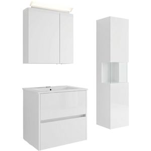 Posseik Badmöbel-Set Limes 60, weiß hochglanz, 3-teilig, mit Waschtisch, Spiegelschrank & Badschrank