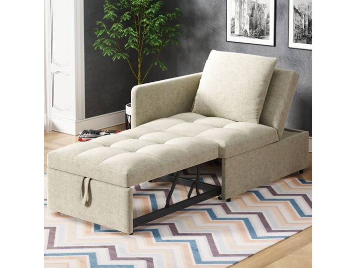 Canapé-lit 3-en-1 beige en tissu avec dossier réglable et coussin