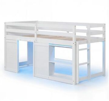 Costway Wooden Low Kids Loft Bed with LED Lights and 2 Doors-White