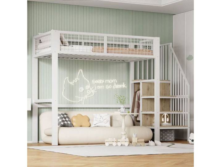Lit mezzanine - PDZZZD - 90x200 cm - Échelle - Cadre en fer - Armoire blanche
