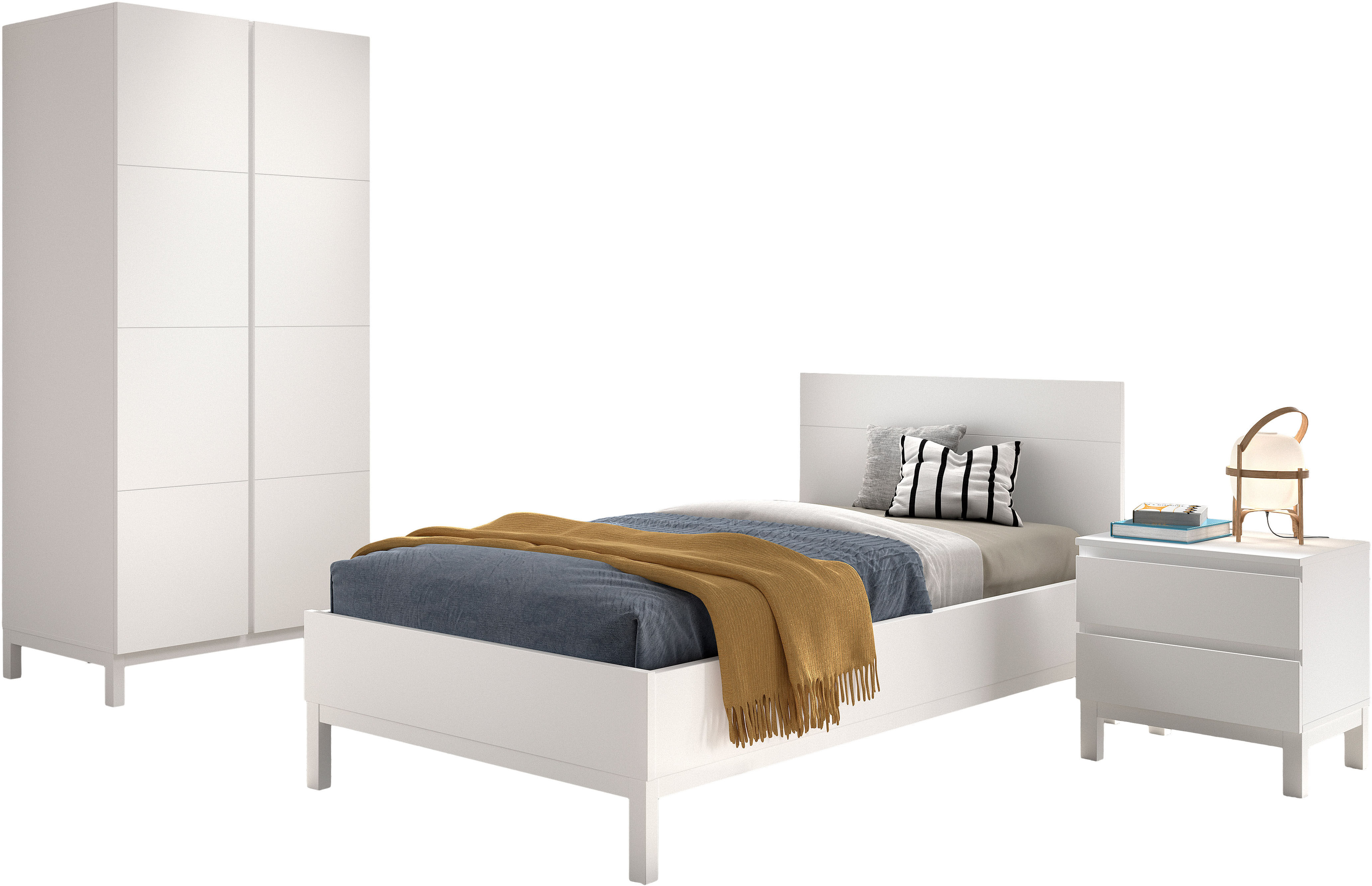 Jugendzimmer-Set VIPACK "Set best. aus Einzelbett 90/200, Nachtkonsole, Kleiderschrank 2-trg.", weiss (weiß), ohne Matratze, B/H: 90cm x 200cm, Schlafzimmermöbel-Sets, Jugendzimmer-Set, in gradlinigem Design, pflegeleichte lackierte Oberfläche in Weiss we