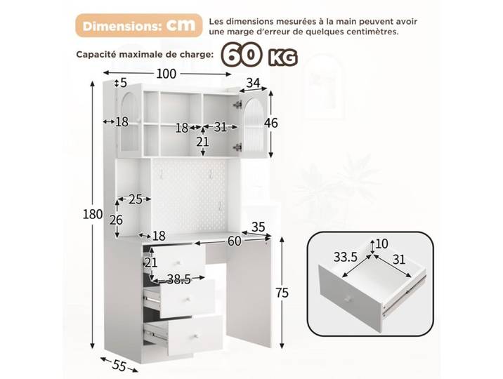 Bureau multifonction avec hutch 180 cm panneau perforé vitrine en verre 3 tiroirs meuble haut MDF blanc ORVRYN