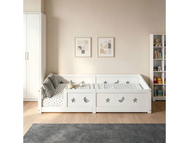 Lit au sol enfant 120x200 cm lit enfant 120x200 avec barrière de sécurité Cadre de lit Montessori en pin massif Blanc