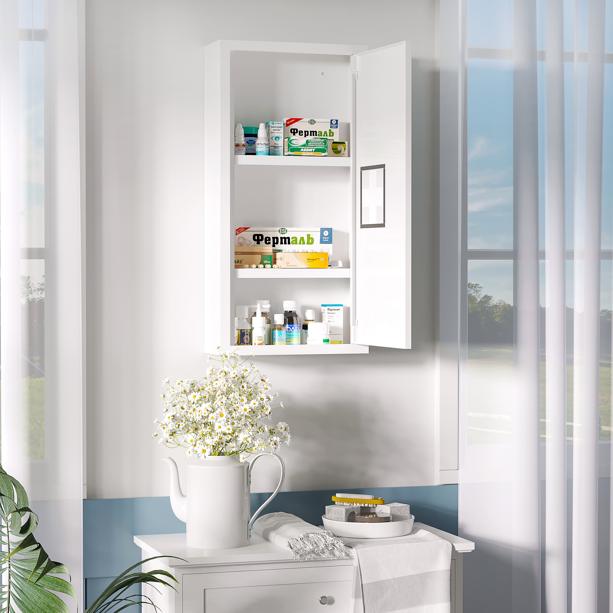 Kleankin Armadietto Medicinali a 3 Ripiani con Porta Magnetica, in Acciaio, 30x12x60 cm, Bianco Aosom