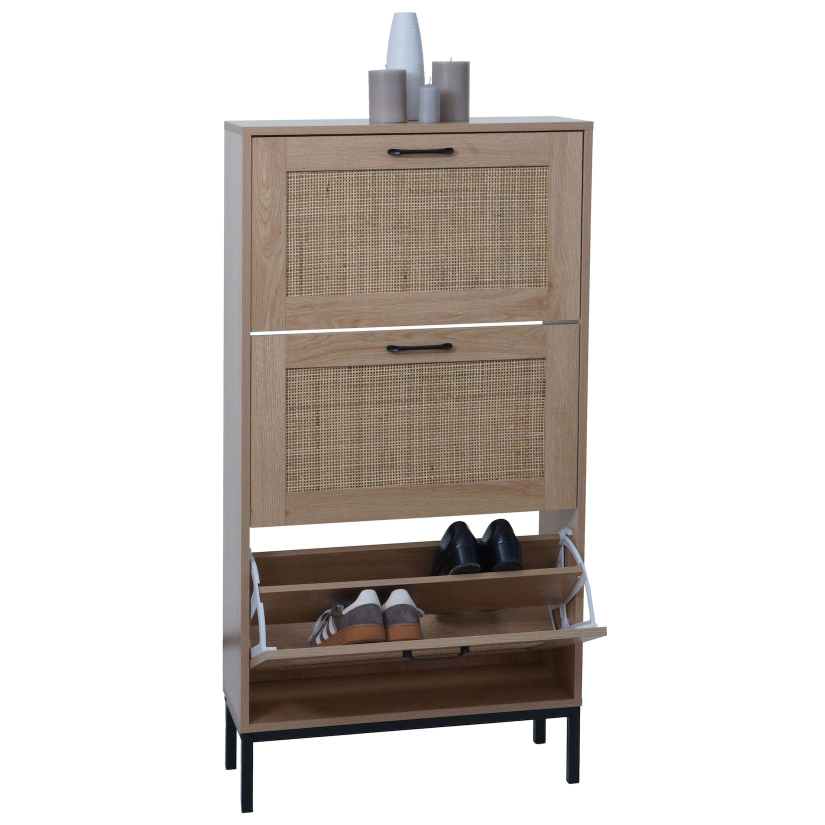 Schuhschrank MCW-N92, Schuhkipper Schuhregal, 3 Fächer Rattanfront Melamin, 126x63x24cm ~ Eiche-Optik