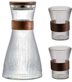 Uplift Essentials Japanese Style Glass Cold Water Jug With Walnut Sleeve full Set (1 Jug + 2 Cups)