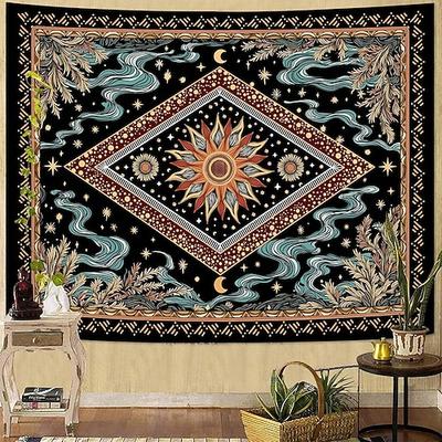 Mystischer, psychedelischer Wandteppich mit Sonnengesicht, himmlischem Sternenmuster, Mond und Sternen im Rautenmuster, bohemischer Wandbehang, abgefahrene Hippie-Wohndekoration,