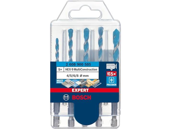 Bosch 5x EXPERT HEX-9 Multi Construction boorset (voor Beton, Zachte tegels, Ø 4-8 mm, Professional Accessoires Klopboor-/schroefmachine, Boor-/schroefmachines)