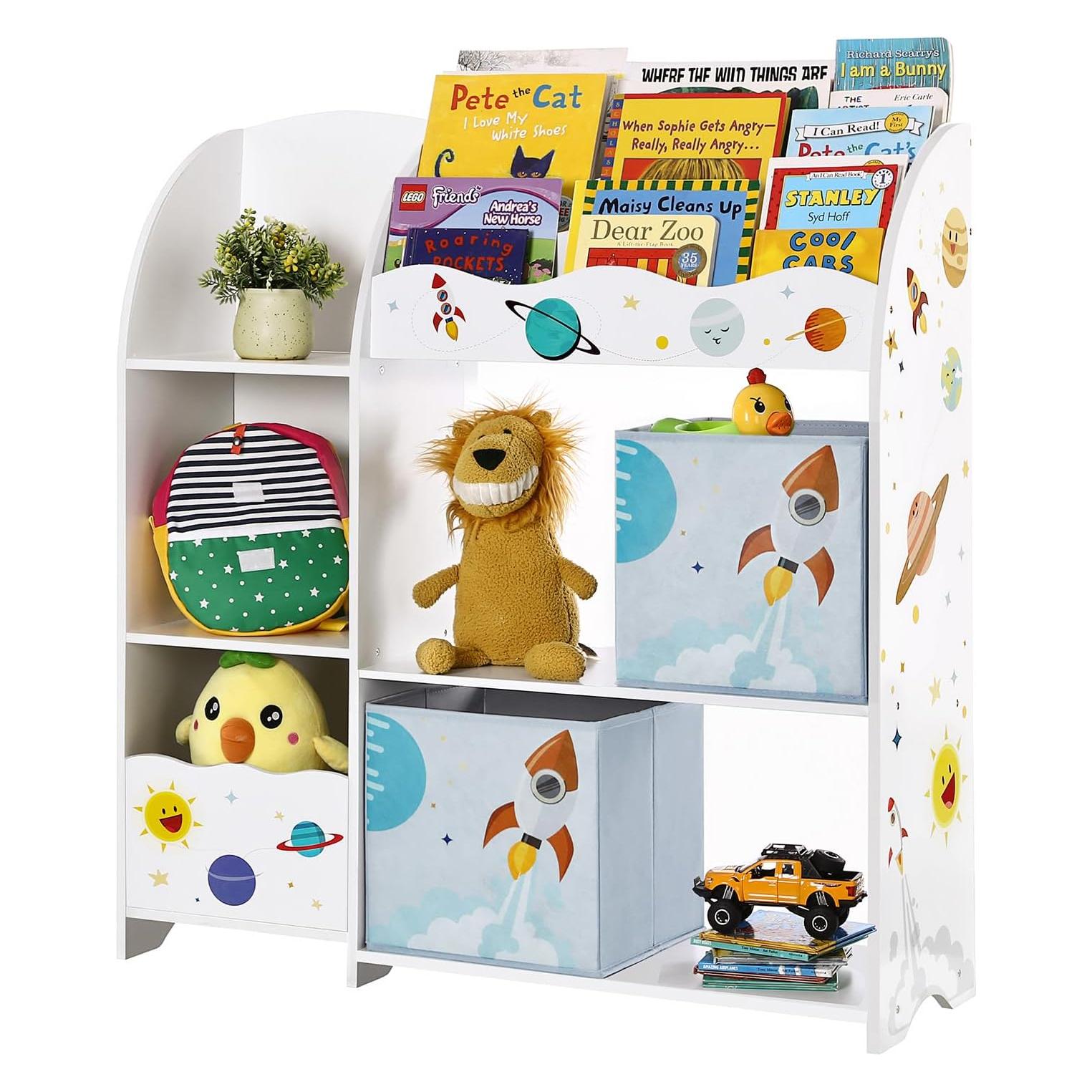 Songmics Kinderregal Spielzeugorganizer Bücherregal Weltall Weiss (30 x 30 x 100 cm) (GKR42WT)