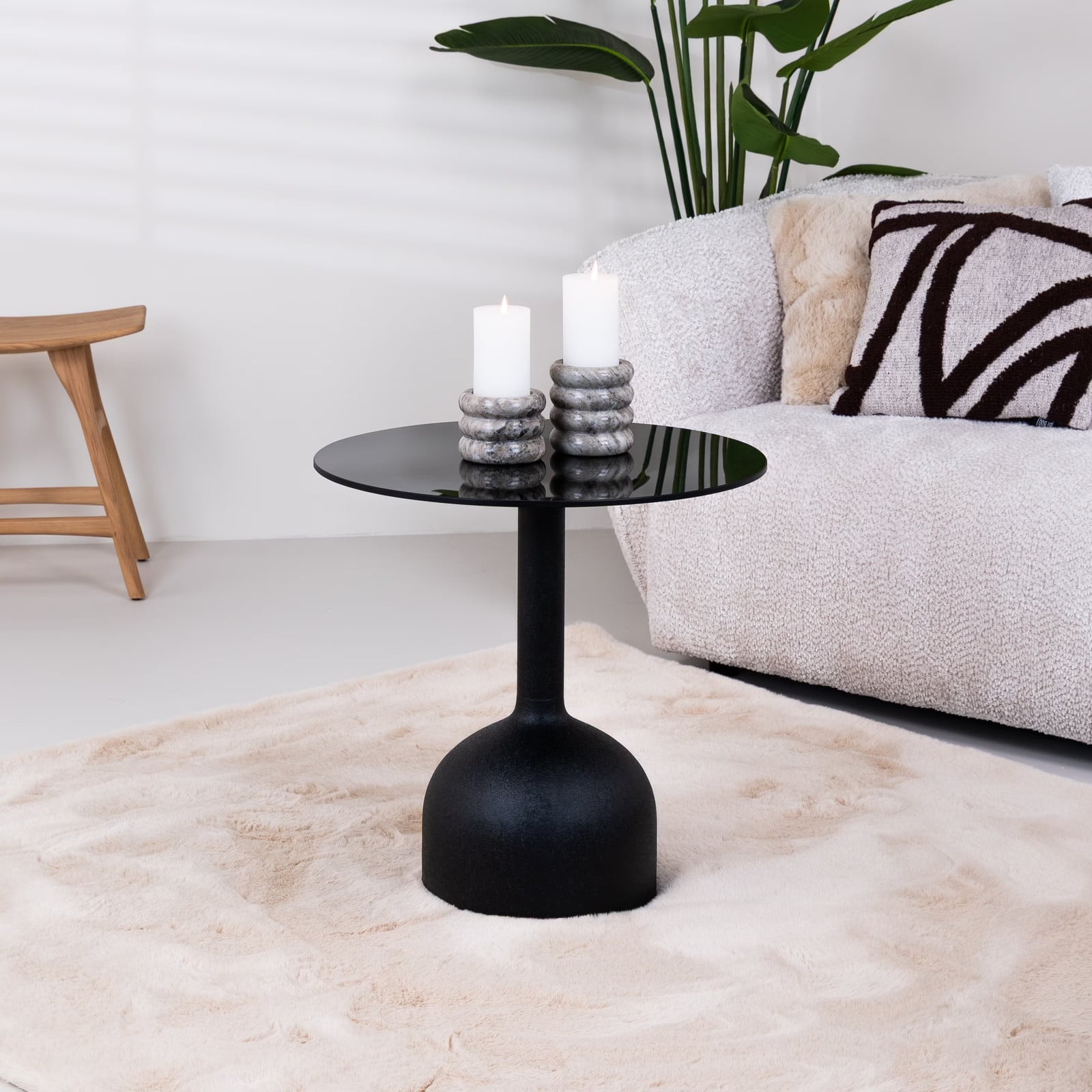 Sohome Ronde Bijzettafel Indira van Glas en Staal, Zwart, Diameter: 55 cm