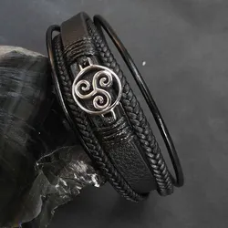 Drachensilber Triskel Armband Leder mit Edelstahl Klick Verschluss Damen Herren 23cm - Silber