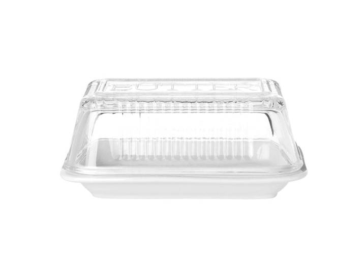 Butterdose aus Glas und weißer Keramik